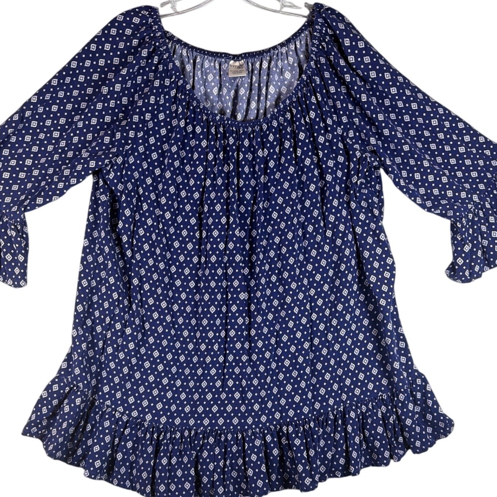Terra & Sky Womens‎ 1X Blouse Blue Sapphire Diamond Print Peasant Top Ruffle